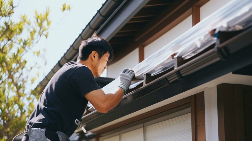 屋根の断熱を丁寧に施工する職人